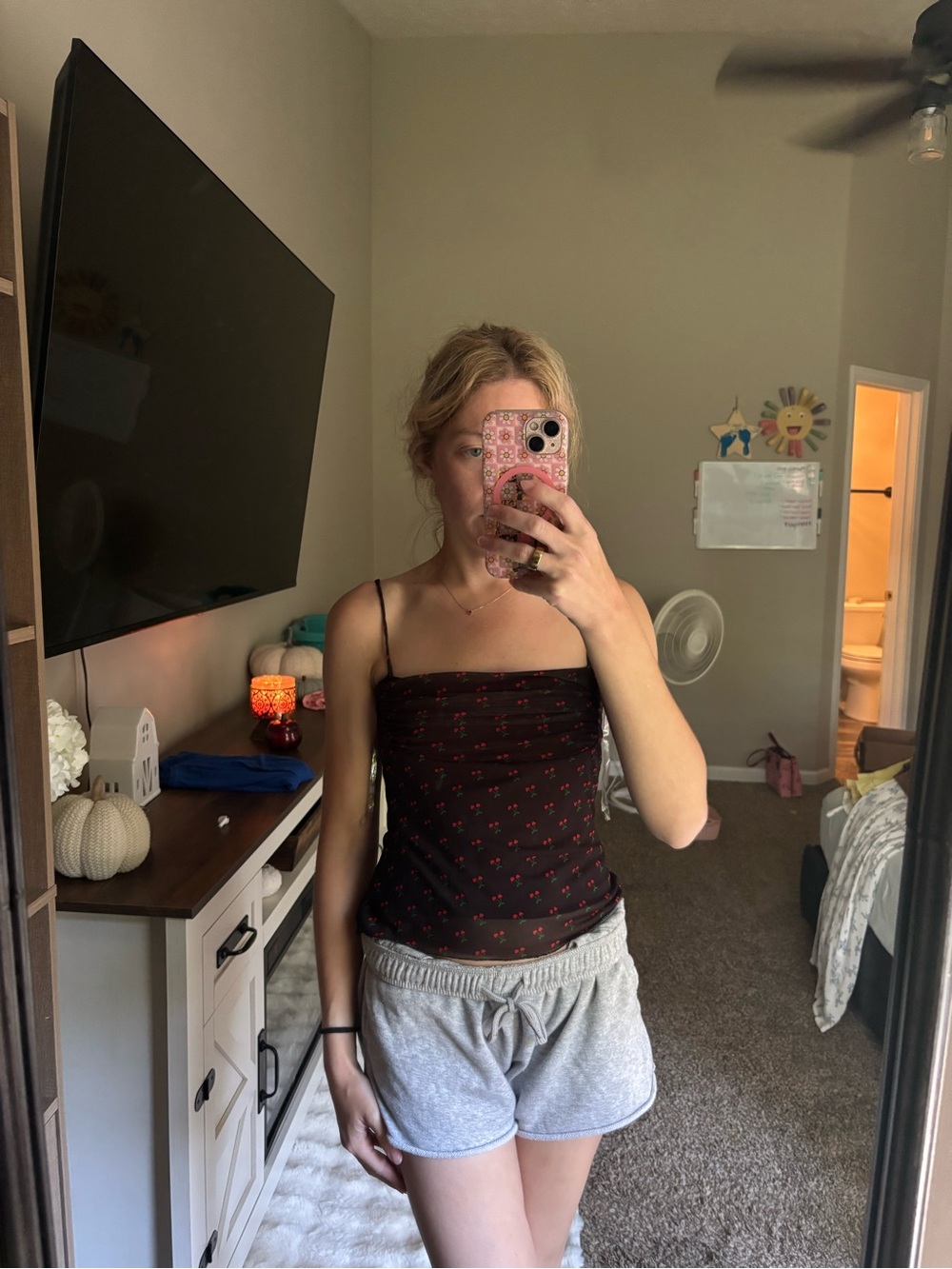 Black Spaghetti-Strap Cami with Red cherry Print